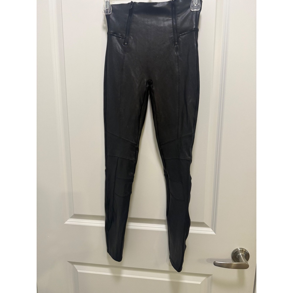 Spanx Womens Black Faux Leather Moto Leggings High Rise Front Zippers Size‎ S/P